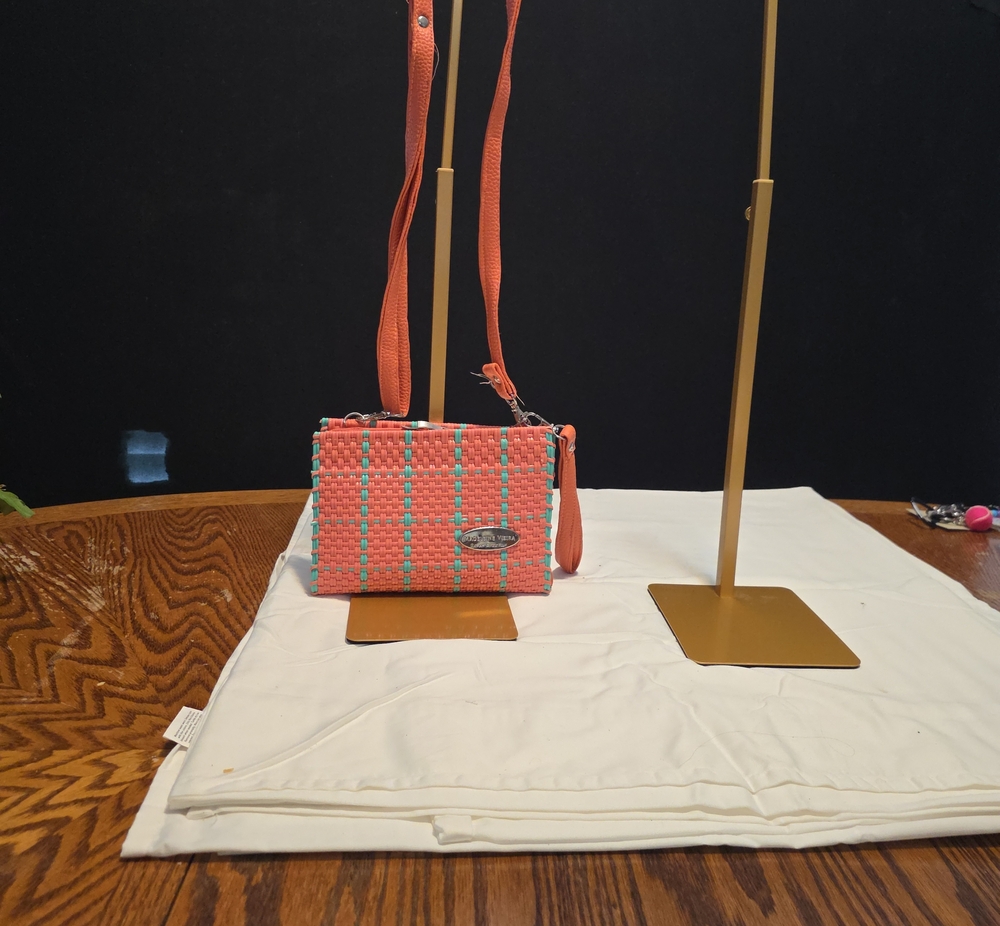 Woven Coral Crossbody Bag with Turquoise Accents
